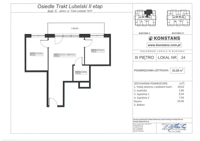 3 pokoje, mieszkanie 39,98 m², piętro 3, oferta nr F24, Trakt Lubelski - Etap II, Warszawa, Wawer, Zbytki, ul. Trakt Lubelski 181E/F