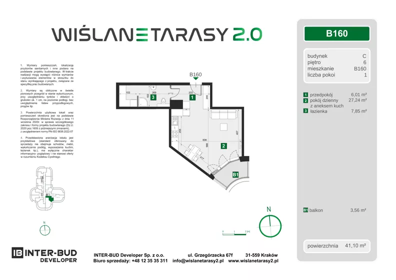 1 pokój, mieszkanie 41,10 m², piętro 6, oferta nr B.160, Wiślane Tarasy 2.0, Kraków, Grzegórzki, ul. Grzegórzecka/Stachowskiego