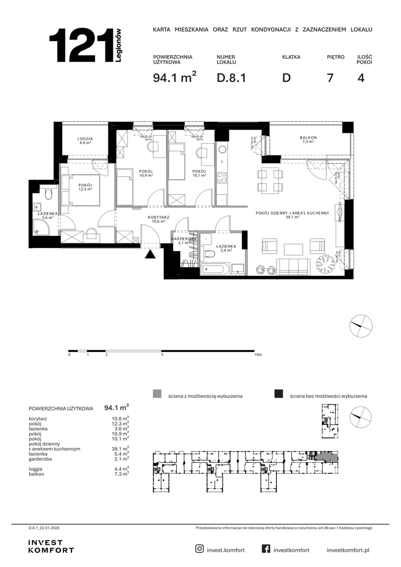 4 pokoje, apartament 94,10 m², piętro 7, oferta nr CYLK_CYLK_D.8.1, Legionów 121, Gdynia, Redłowo, ul. Legionów 121