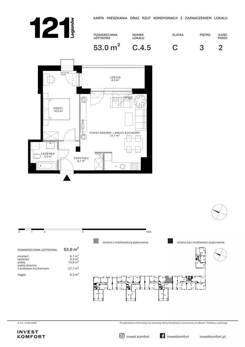2 pokoje, apartament 53,00 m², piętro 3, oferta nr CYLK_CYLK_C.4.5, Legionów 121, Gdynia, Redłowo, ul. Legionów 121