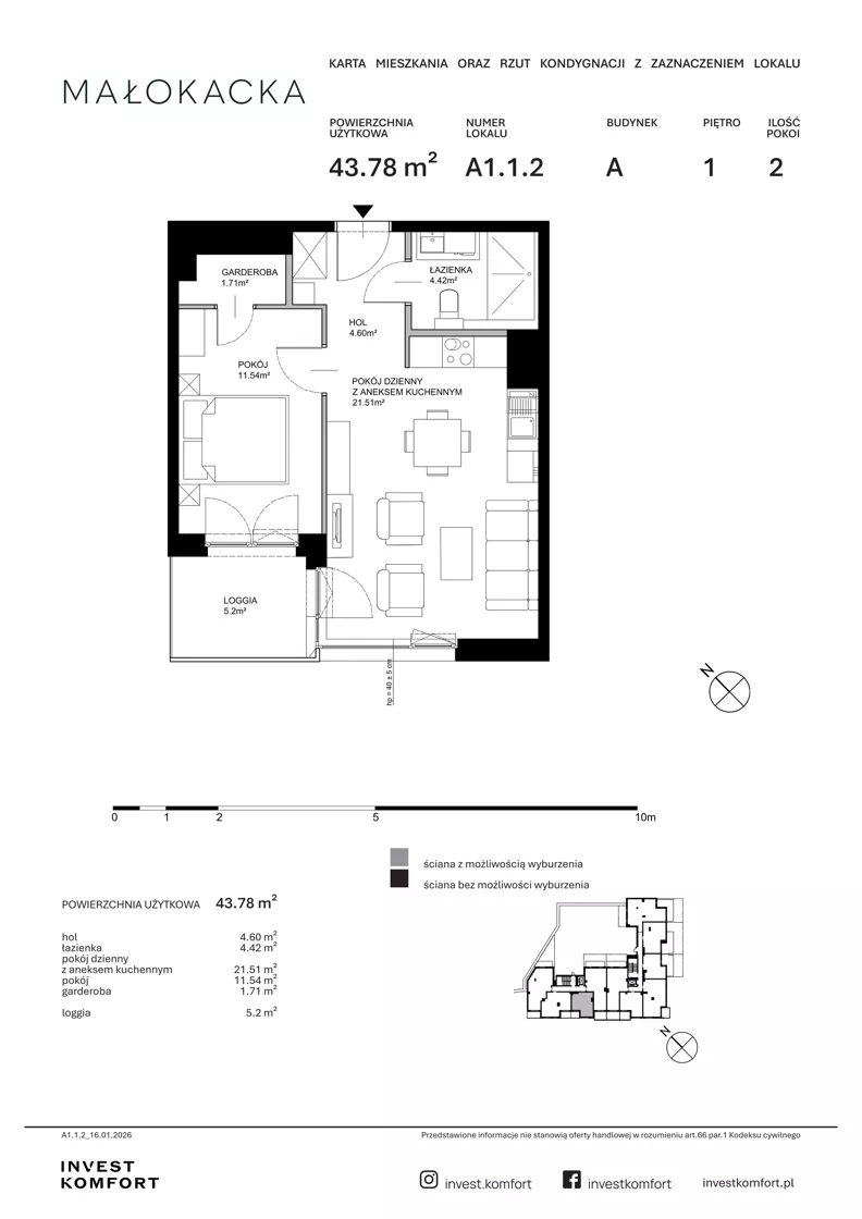 2 pokoje, mieszkanie 43,78 m², piętro 1, oferta nr A1.1.2, Małokacka, Gdynia, Witomino, ul. Małokacka