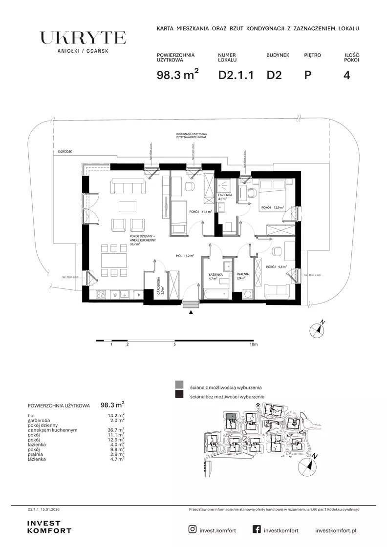 4 pokoje, apartament 98,20 m², parter, oferta nr DANT_DANT_D2.1.1, Ukryte, Gdańsk, Aniołki, ul. Dantyszka