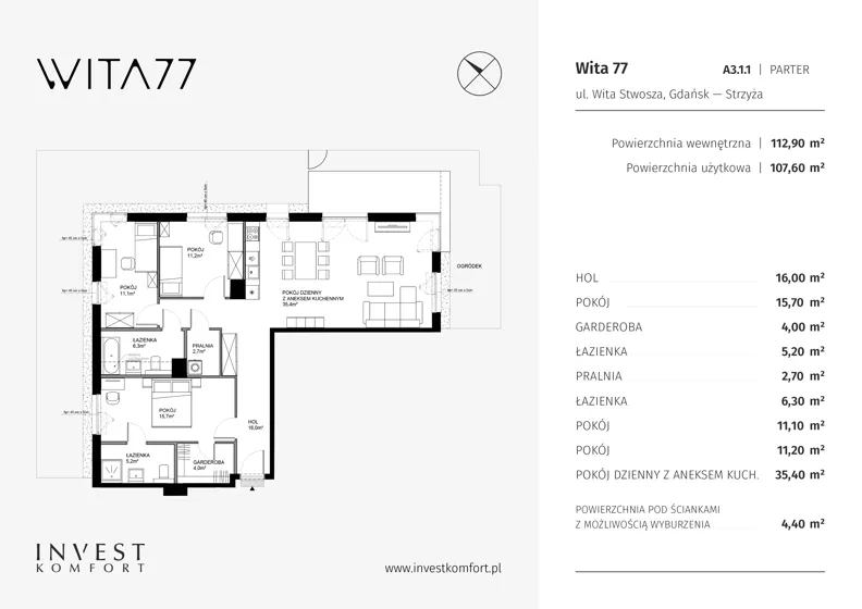 4 pokoje, apartament 112,90 m², parter, oferta nr WITA_A_A3.1.1, Wita 77, Gdańsk, Strzyża, ul. Wita Stwosza 77