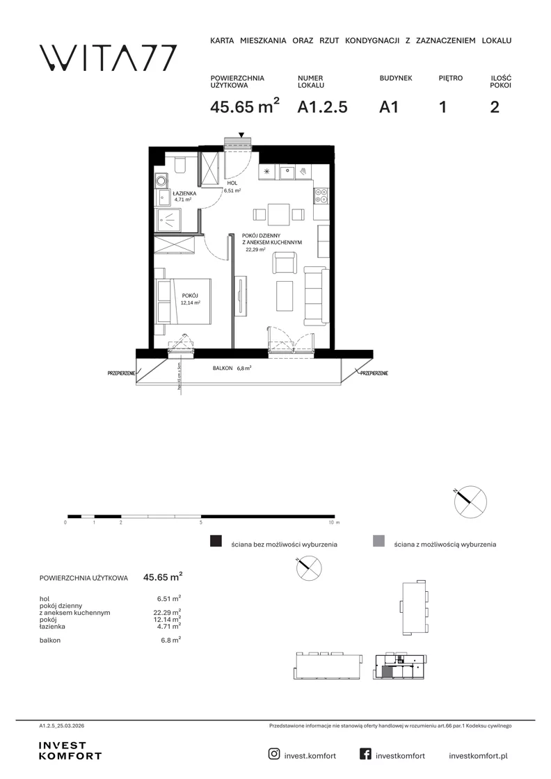 2 pokoje, mieszkanie 45,65 m², piętro 1, oferta nr WITA_A_A1.2.5, Wita 77, Gdańsk, Strzyża, ul. Wita Stwosza 77