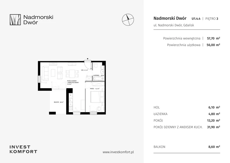 2 pokoje, apartament 56,00 m², piętro 3, oferta nr NAD3_UW_U1.4.4, Nadmorski Dwór, Gdańsk, Brzeźno, ul. Nadmorski Dwór