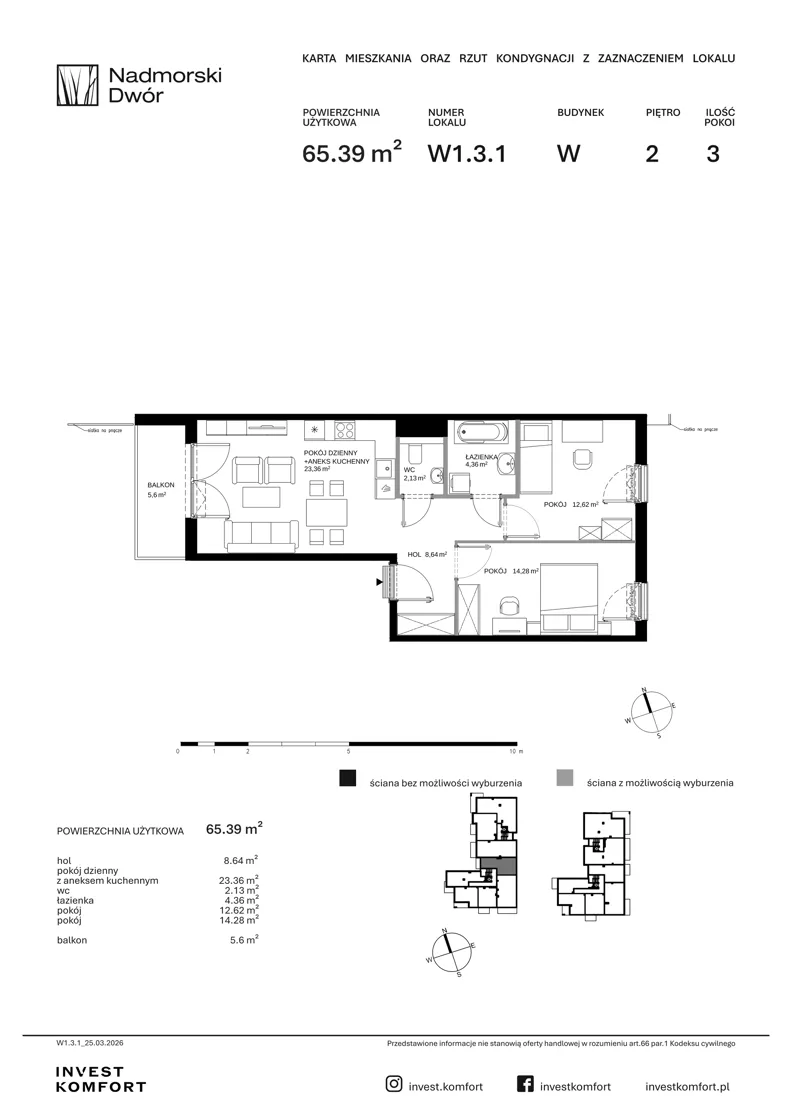 3 pokoje, mieszkanie 65,39 m², piętro 2, oferta nr NAD3_UW_W1.3.1, Nadmorski Dwór, Gdańsk, Brzeźno, ul. Nadmorski Dwór