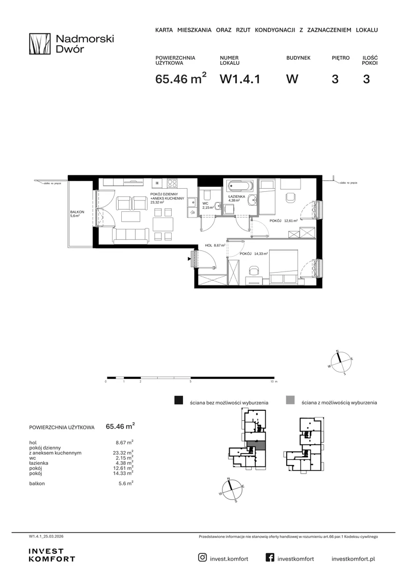 3 pokoje, mieszkanie 65,46 m², piętro 3, oferta nr NAD3_UW_W1.4.1, Nadmorski Dwór, Gdańsk, Brzeźno, ul. Nadmorski Dwór