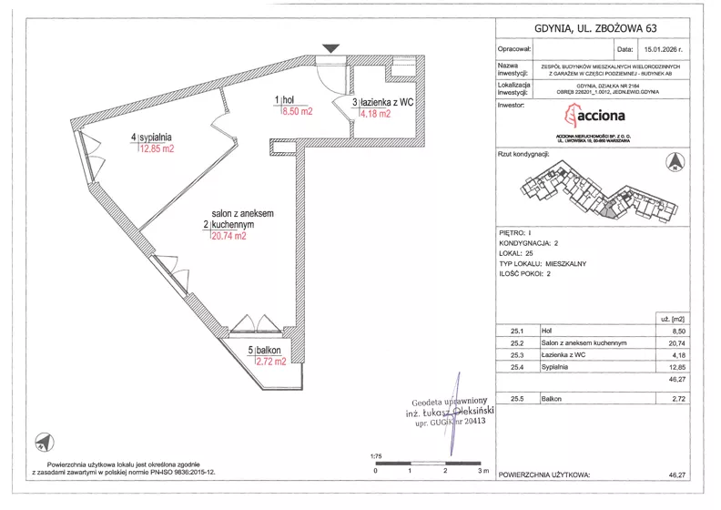 2 pokoje, mieszkanie 46,27 m², piętro 1, oferta nr 63.25, Zbożowa, Gdynia, Cisowa, ul. Zbożowa