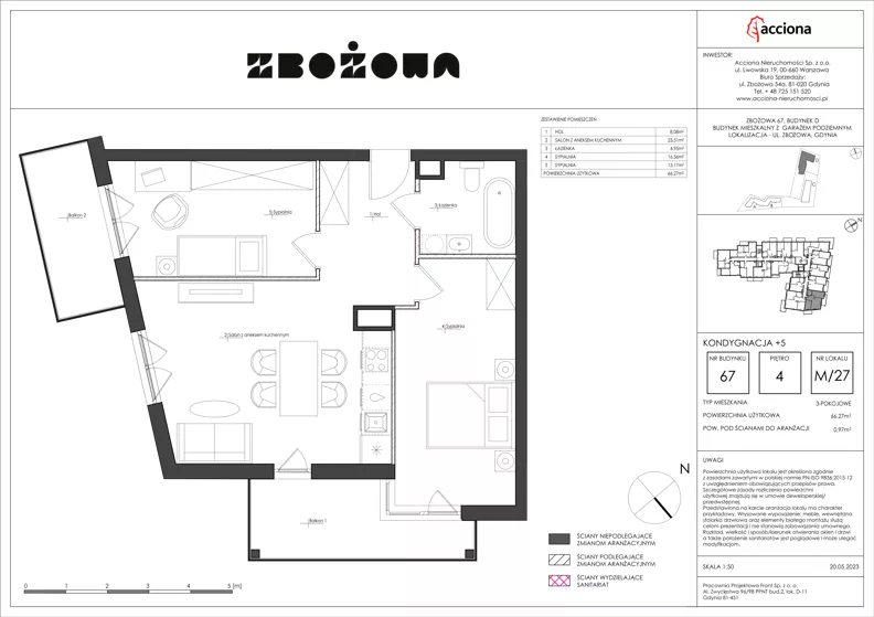 3 pokoje, mieszkanie 66,27 m², piętro 4, oferta nr 67.27, Zbożowa, Gdynia, Cisowa, ul. Zbożowa