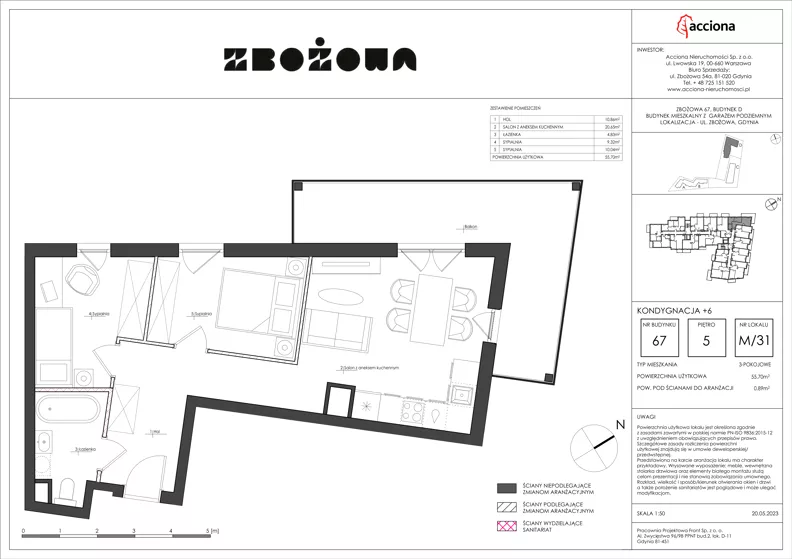 3 pokoje, mieszkanie 55,70 m², piętro 5, oferta nr 67.31, Zbożowa, Gdynia, Cisowa, ul. Zbożowa