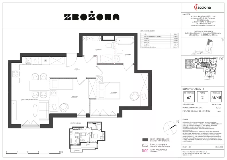 3 pokoje, mieszkanie 73,01 m², piętro 2, oferta nr 67.48, Zbożowa, Gdynia, Cisowa, ul. Zbożowa