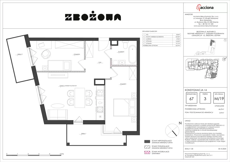 3 pokoje, mieszkanie 66,27 m², piętro 3, oferta nr 67.19, Zbożowa, Gdynia, Cisowa, ul. Zbożowa