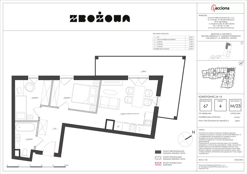 3 pokoje, mieszkanie 55,70 m², piętro 4, oferta nr 67.23, Zbożowa, Gdynia, Cisowa, ul. Zbożowa