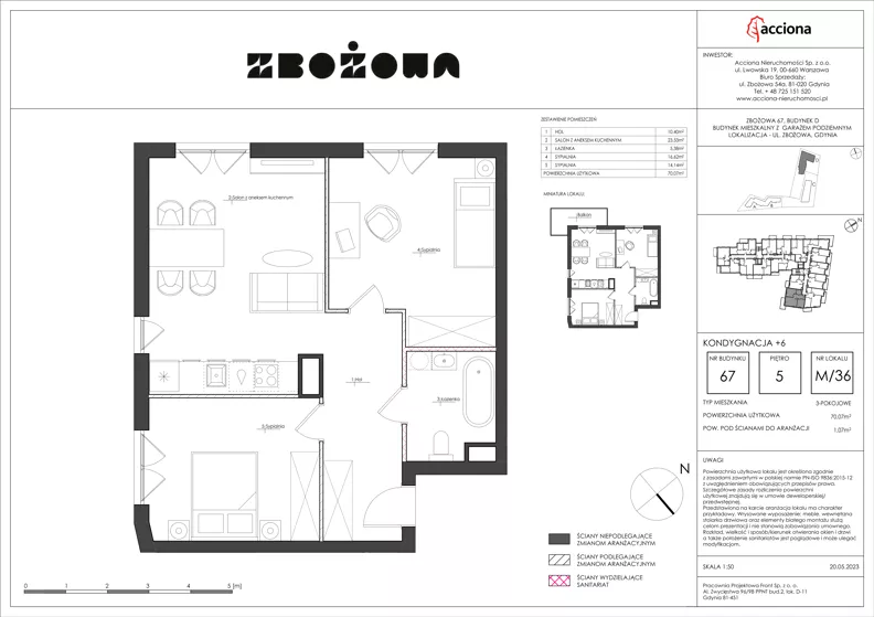 3 pokoje, mieszkanie 70,07 m², piętro 5, oferta nr 67.36, Zbożowa, Gdynia, Cisowa, ul. Zbożowa
