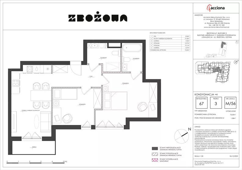 3 pokoje, mieszkanie 73,03 m², piętro 3, oferta nr 67.56, Zbożowa, Gdynia, Cisowa, ul. Zbożowa