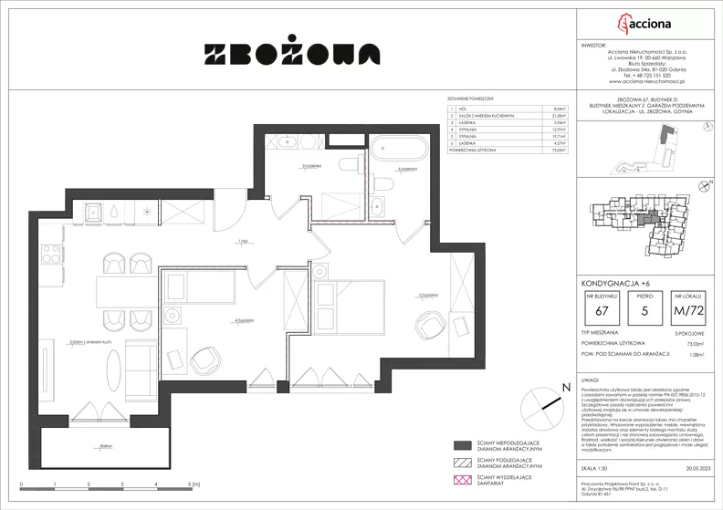 3 pokoje, mieszkanie 73,03 m², piętro 5, oferta nr 67.72, Zbożowa, Gdynia, Cisowa, ul. Zbożowa