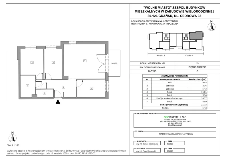 4 pokoje, mieszkanie 71,73 m², piętro 3, oferta nr 13, Wolne Miasto, Gdańsk, Ujeścisko-Łostowice, Ujeścisko, ul. Cedrowa 33