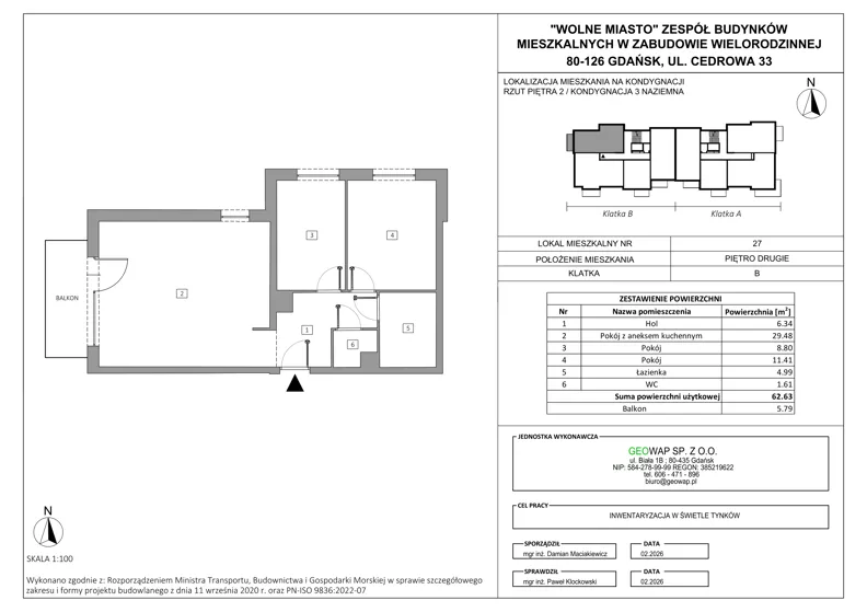 3 pokoje, mieszkanie 62,63 m², piętro 2, oferta nr 27, Wolne Miasto, Gdańsk, Ujeścisko-Łostowice, Ujeścisko, ul. Cedrowa 33