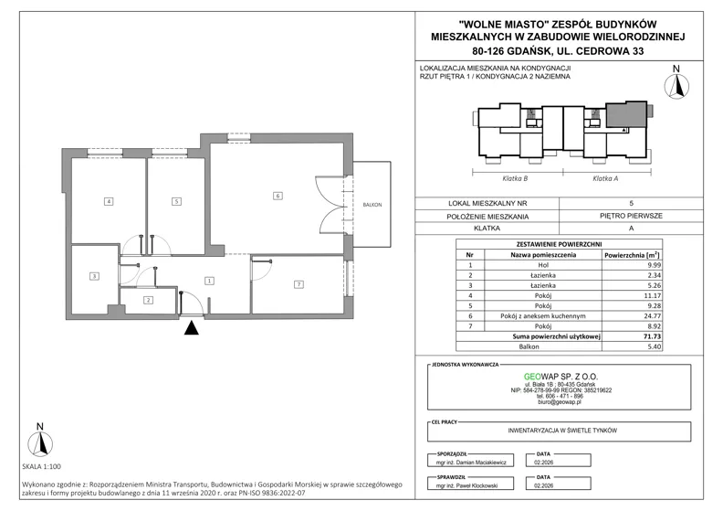 4 pokoje, mieszkanie 71,73 m², piętro 1, oferta nr 5, Wolne Miasto, Gdańsk, Ujeścisko-Łostowice, Ujeścisko, ul. Cedrowa 33