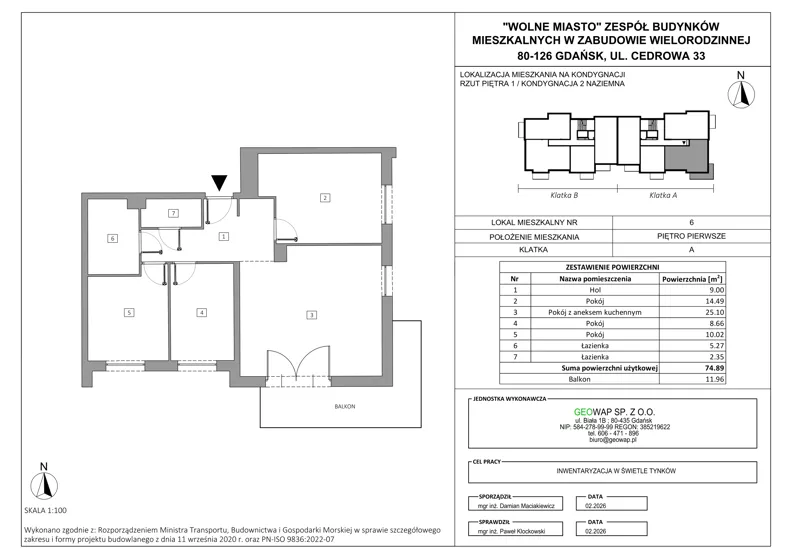 4 pokoje, mieszkanie 74,89 m², piętro 1, oferta nr 6, Wolne Miasto, Gdańsk, Ujeścisko-Łostowice, Ujeścisko, ul. Cedrowa 33