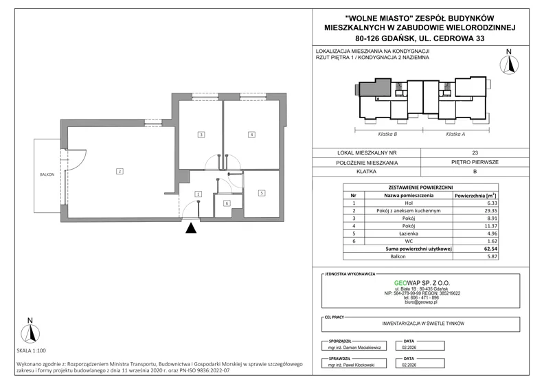 3 pokoje, mieszkanie 62,54 m², piętro 1, oferta nr 23, Wolne Miasto, Gdańsk, Ujeścisko-Łostowice, Ujeścisko, ul. Cedrowa 33