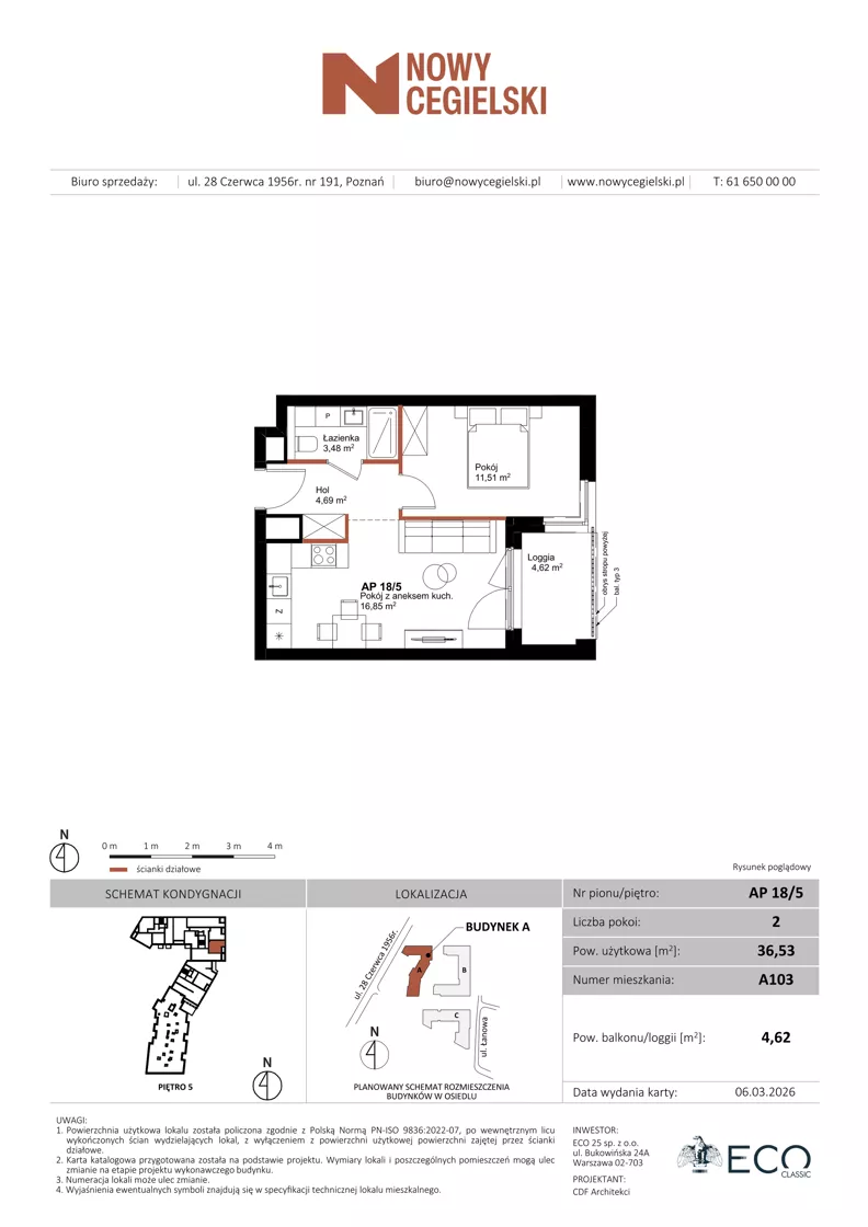 2 pokoje, mieszkanie 36,53 m², piętro 5, oferta nr A103, Nowy Cegielski, Poznań, Wilda, ul. 28 Czerwca 1956 r.