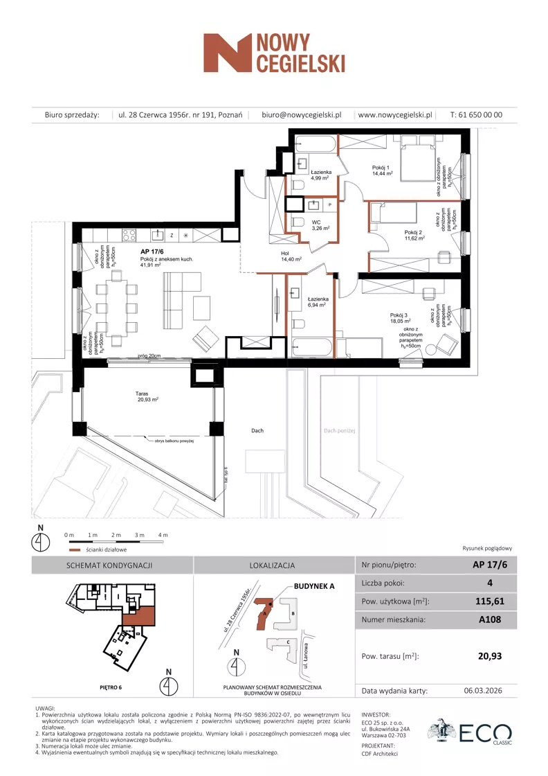 4 pokoje, mieszkanie 115,61 m², piętro 6, oferta nr A108, Nowy Cegielski, Poznań, Wilda, ul. 28 Czerwca 1956 r.