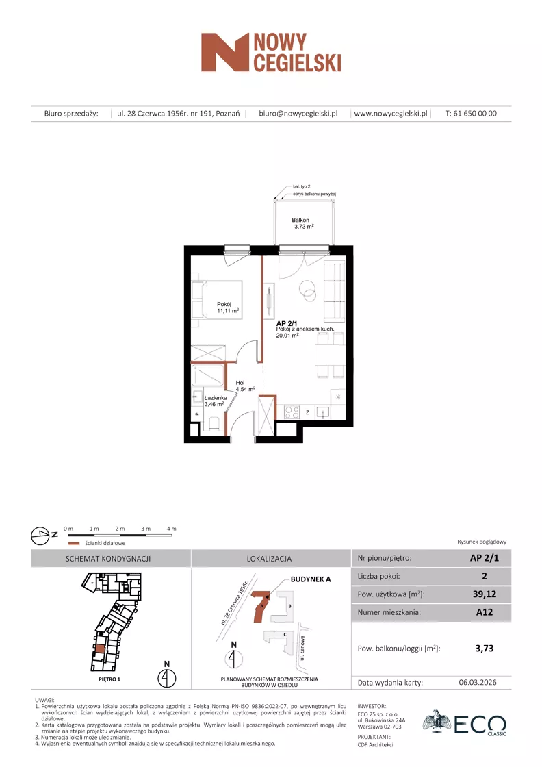 2 pokoje, mieszkanie 39,12 m², piętro 1, oferta nr A12, Nowy Cegielski, Poznań, Wilda, ul. 28 Czerwca 1956 r.