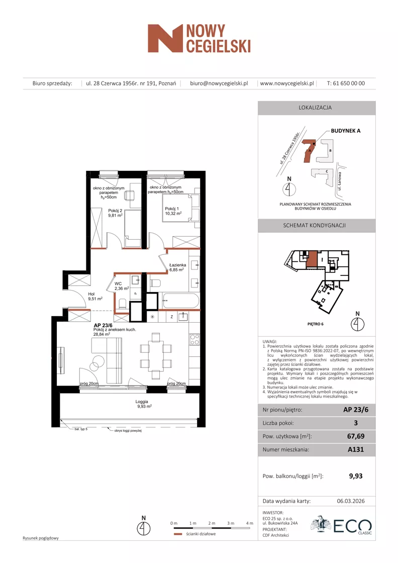3 pokoje, mieszkanie 67,69 m², piętro 6, oferta nr A131, Nowy Cegielski, Poznań, Wilda, ul. 28 Czerwca 1956 r.