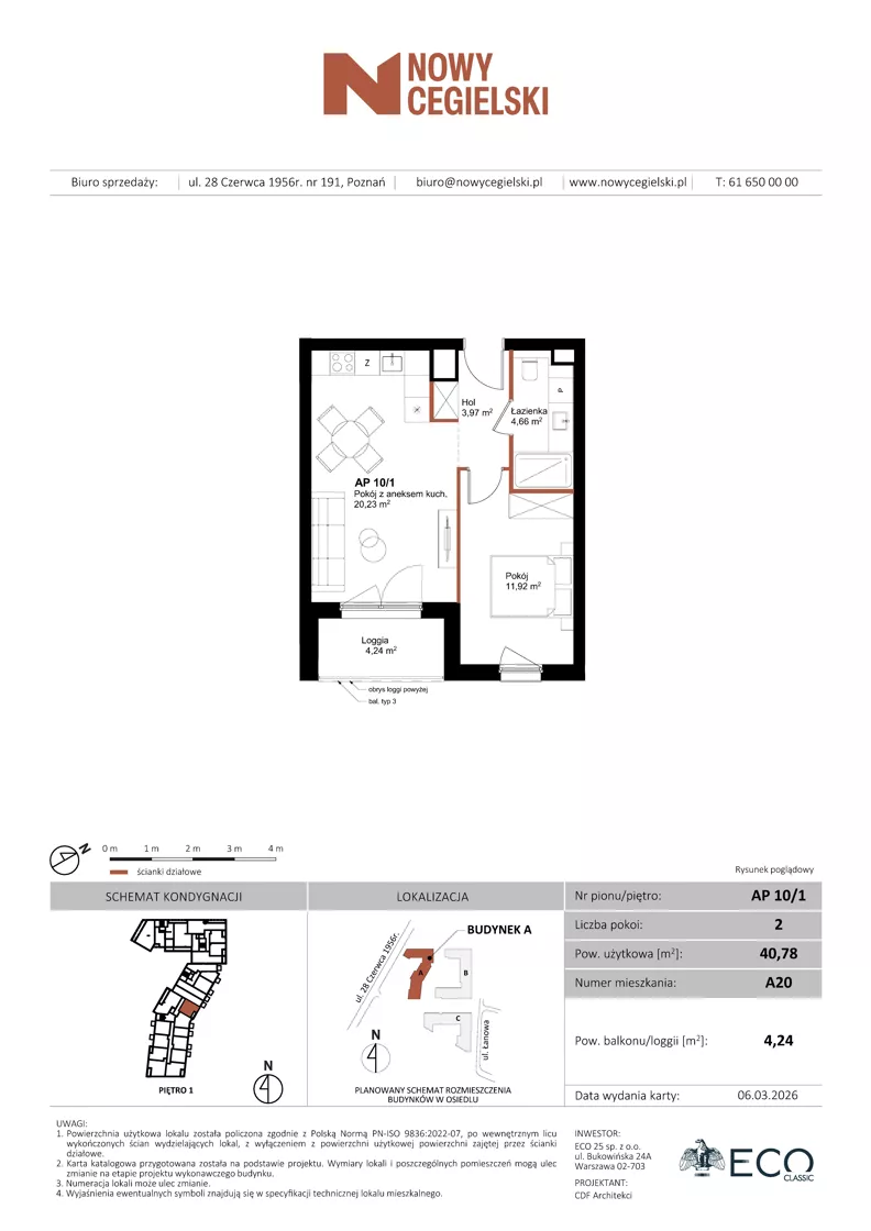 2 pokoje, mieszkanie 40,78 m², piętro 1, oferta nr A20, Nowy Cegielski, Poznań, Wilda, ul. 28 Czerwca 1956 r.