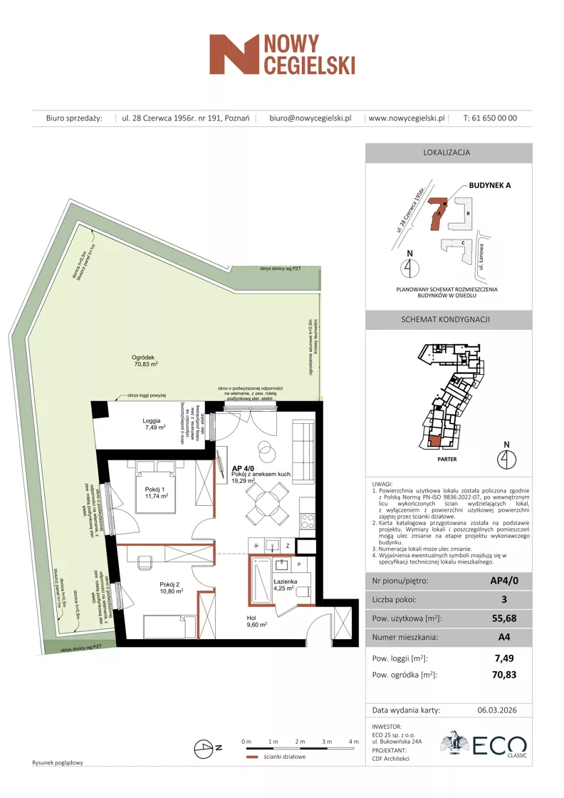 3 pokoje, mieszkanie 55,68 m², parter, oferta nr A4, Nowy Cegielski, Poznań, Wilda, ul. 28 Czerwca 1956 r.