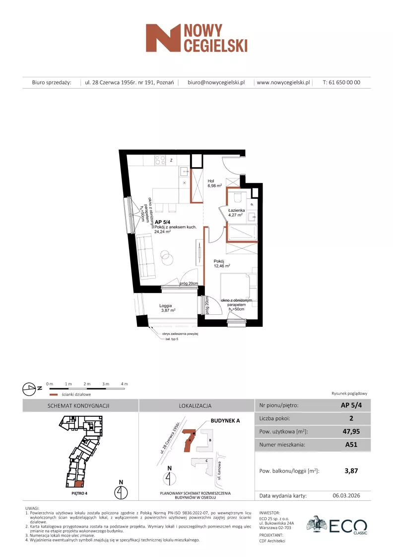 2 pokoje, mieszkanie 47,95 m², piętro 4, oferta nr A51, Nowy Cegielski, Poznań, Wilda, ul. 28 Czerwca 1956 r.