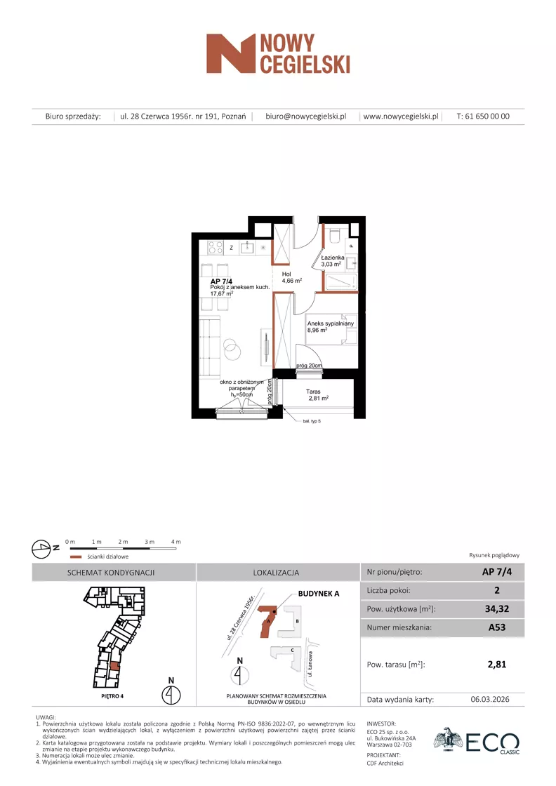 2 pokoje, mieszkanie 34,32 m², piętro 4, oferta nr A53, Nowy Cegielski, Poznań, Wilda, ul. 28 Czerwca 1956 r.