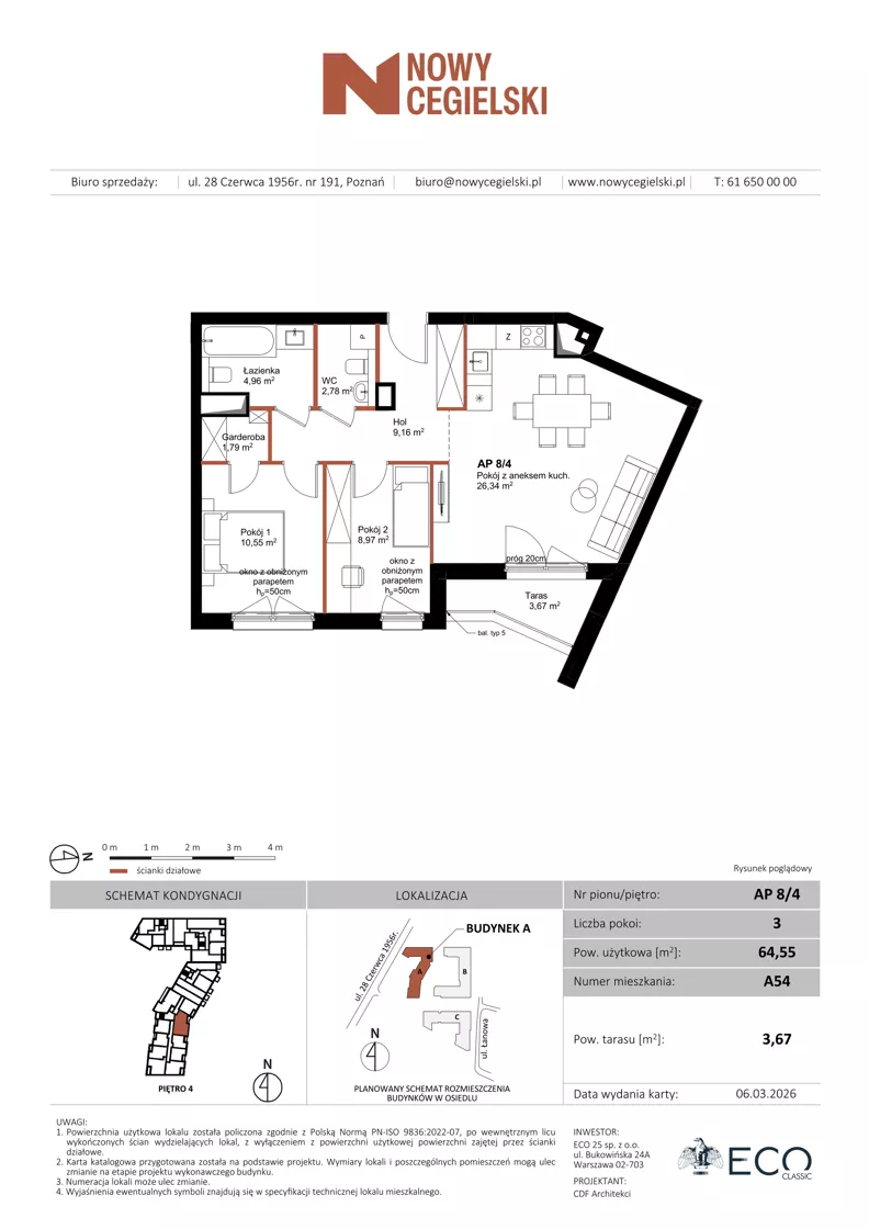 3 pokoje, mieszkanie 64,55 m², piętro 4, oferta nr A54, Nowy Cegielski, Poznań, Wilda, ul. 28 Czerwca 1956 r.