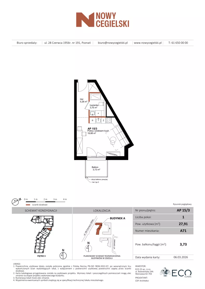 1 pokój, mieszkanie 27,91 m², piętro 3, oferta nr A71, Nowy Cegielski, Poznań, Wilda, ul. 28 Czerwca 1956 r.
