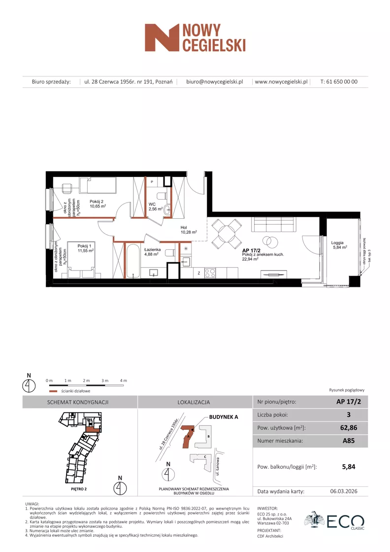 3 pokoje, mieszkanie 62,86 m², piętro 2, oferta nr A85, Nowy Cegielski, Poznań, Wilda, ul. 28 Czerwca 1956 r.