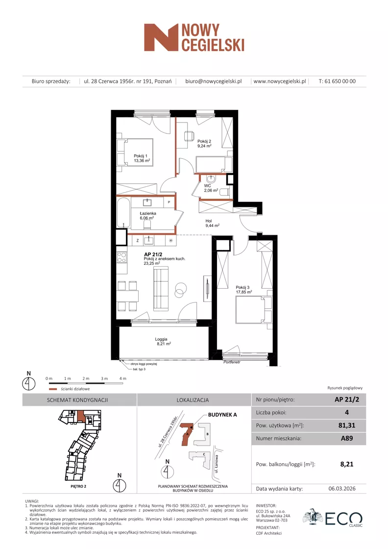 4 pokoje, mieszkanie 81,31 m², piętro 2, oferta nr A89, Nowy Cegielski, Poznań, Wilda, ul. 28 Czerwca 1956 r.