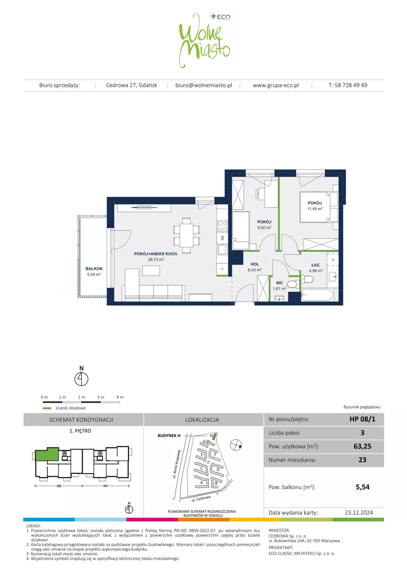 3 pokoje, mieszkanie 63,25 m², piętro 1, oferta nr 23, Wolne Miasto, Gdańsk, Ujeścisko-Łostowice, Ujeścisko, ul. Cedrowa 33