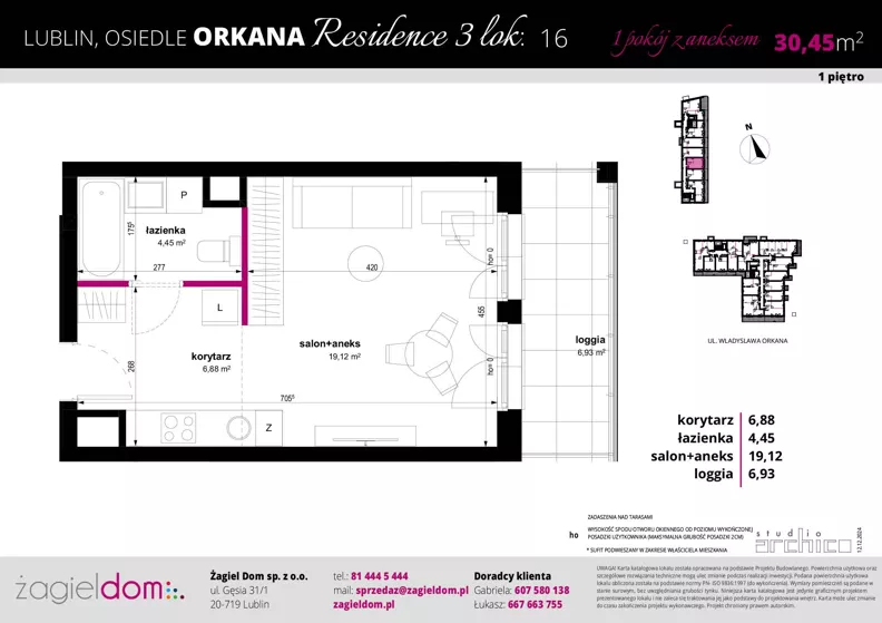 1 pokój, mieszkanie 30,45 m², piętro 1, oferta nr A2/16, Orkana Residence III Etap, Lublin, Czuby Północne, Czuby Północne, ul. Orkana