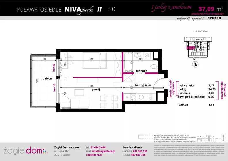1 pokój, mieszkanie 37,09 m², piętro 3, oferta nr NP-BS2-LM-30, Niwa Park, Puławy, ul. Spacerowa