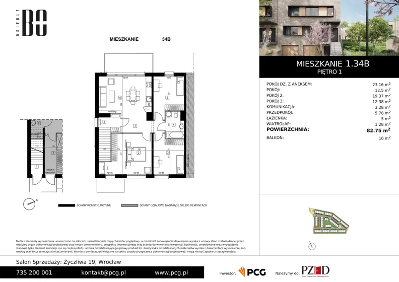 4 pokoje, apartament 82,51 m², piętro 1, oferta nr 1.34B, Osiedle BO, Wrocław, Kowale, ul. Bociana