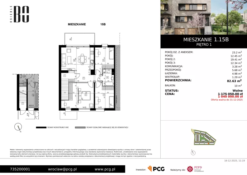 4 pokoje, apartament 82,63 m², piętro 1, oferta nr 1.15B, Osiedle BO, Wrocław, Kowale, ul. Bociana