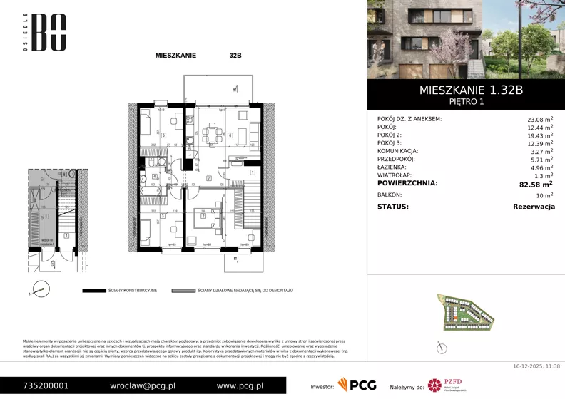 4 pokoje, apartament 82,58 m², piętro 1, oferta nr 1.32B, Osiedle BO, Wrocław, Kowale, ul. Bociana
