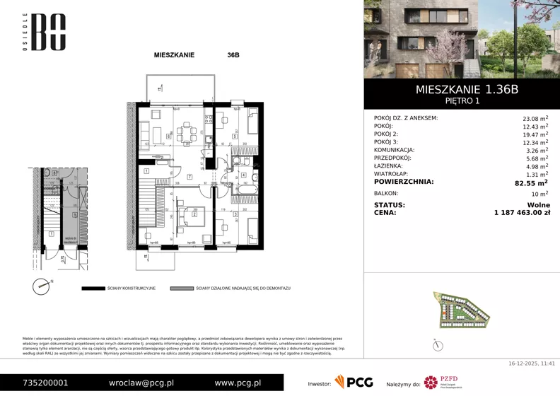 4 pokoje, apartament 82,55 m², piętro 1, oferta nr 1.36B, Osiedle BO, Wrocław, Kowale, ul. Bociana