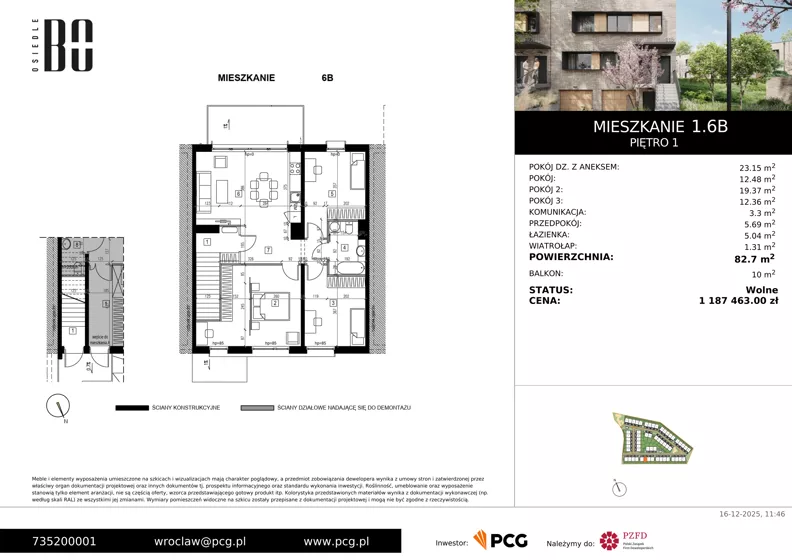 4 pokoje, apartament 82,70 m², piętro 1, oferta nr 1.6B, Osiedle BO, Wrocław, Kowale, ul. Bociana