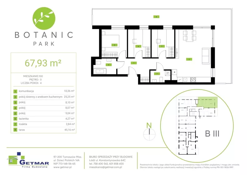 4 pokoje, mieszkanie 67,93 m², parter, oferta nr 100, Botanic Park, Łódź, Polesie, Złotno, ul. Konstantynowska 66 C, D, E, F