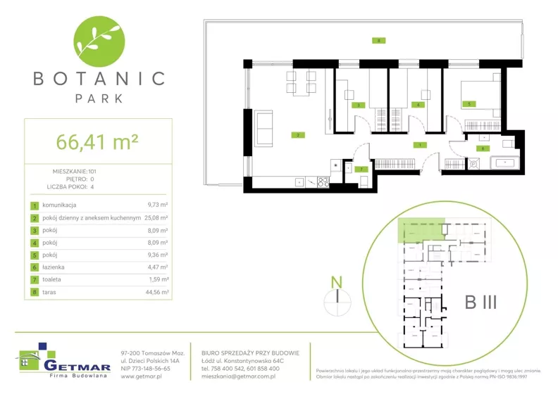 4 pokoje, mieszkanie 66,41 m², parter, oferta nr 101, Botanic Park, Łódź, Polesie, Złotno, ul. Konstantynowska 66 C, D, E, F