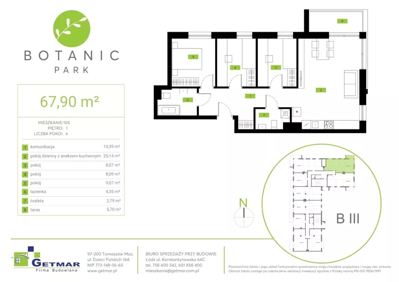 4 pokoje, mieszkanie 67,90 m², piętro 1, oferta nr 105, Botanic Park, Łódź, Polesie, Złotno, ul. Konstantynowska 66 C, D, E, F
