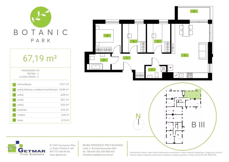 4 pokoje, mieszkanie 67,19 m², piętro 3, oferta nr 115, Botanic Park, Łódź, Polesie, Złotno, ul. Konstantynowska 66 C, D, E, F