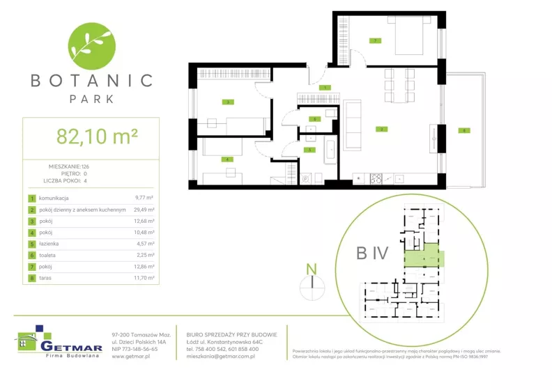 4 pokoje, mieszkanie 82,10 m², parter, oferta nr 126, Botanic Park, Łódź, Polesie, Złotno, ul. Konstantynowska 66 C, D, E, F